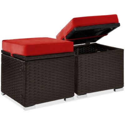 Set of 2 Wicker Ottomans, Multipurpose Furniture w/ Removable Cushions, Steel Frame