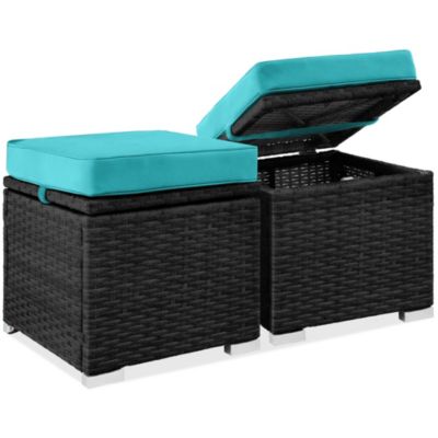 Set of 2 Wicker Ottomans, Multipurpose Furniture w/ Removable Cushions, Steel Frame