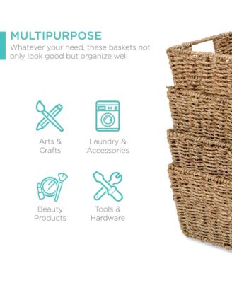 Set of 4 Multipurpose Stackable Seagrass Storage Laundry Organizer Baskets w/ Handles