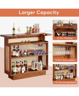 Rattan Home Bar Unit, Farmhouse 4-Tier Bar Table with 4 Stemware Racks and Heightened Base, Caramel Brown