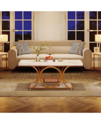 47.24" Modern Coffee Table 2-Tier Faux Marble Wood with Geometric Metal Legs, Stylish & Functional for Living Room Black Friday 2024 Deal