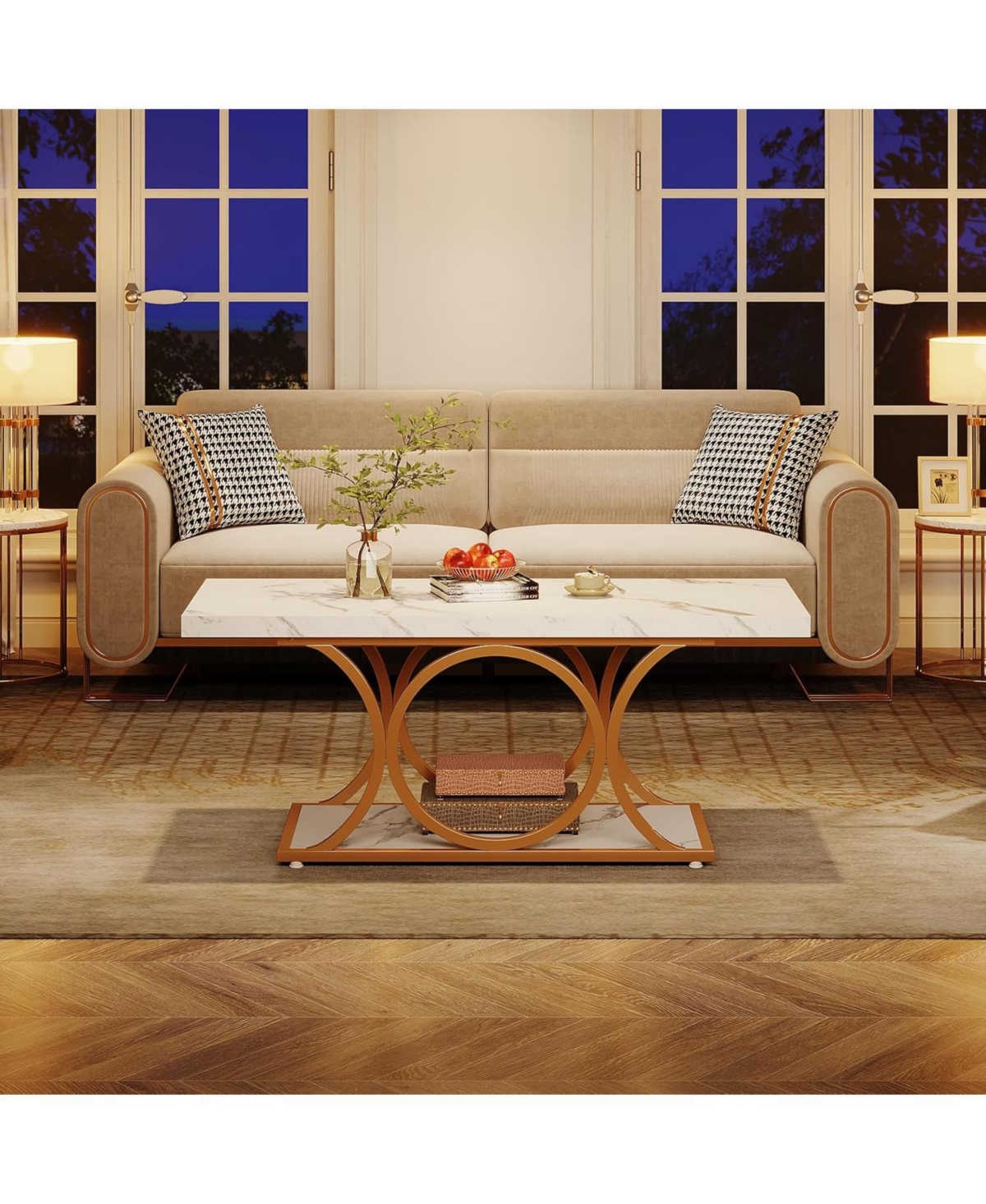 Tribesigns Rectangle Coffee Table, 47.24-inch Modern Coffee Tables for Living Room, 2-Tier Faux Marble Wood Coffee Table with Geometric Metal Legs,Bla