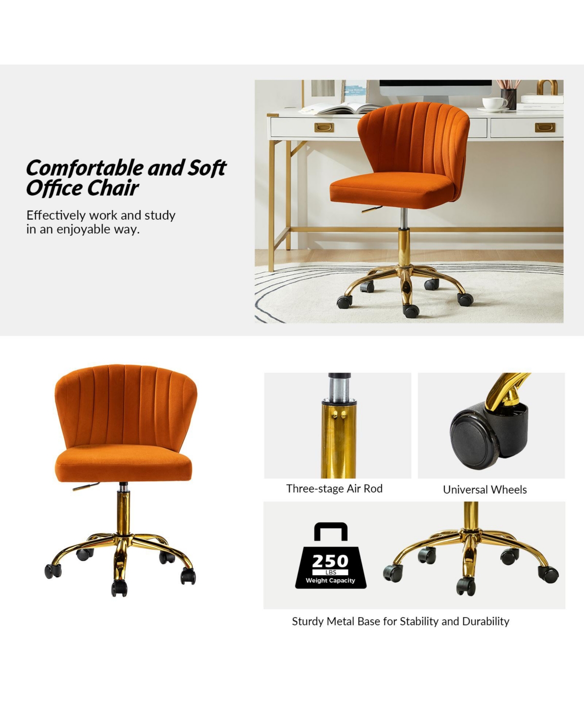 Hulala Home Modern Velvet Cute Armless Office Chair for Living Room Vanity Study