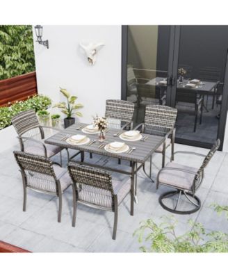 7-Piece Patio Dining Set for 6 with Green Cushion 4 Dining Chairs and 2 Swivel Rockers