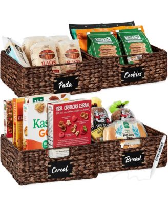 Set of 4 13in Woven Water Hyacinth Pantry Baskets w/ Chalkboard Label, Chalk Marker