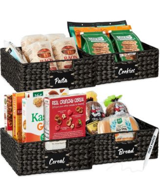 Set of 4 13in Woven Water Hyacinth Pantry Baskets w/ Chalkboard Label, Chalk Marker