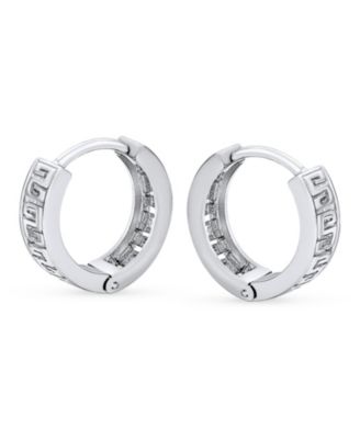 Cutout European Greek Key Design Huggie Hoop Earrings .925 Sterling Silver Hinged Diameter 0.65 Inch