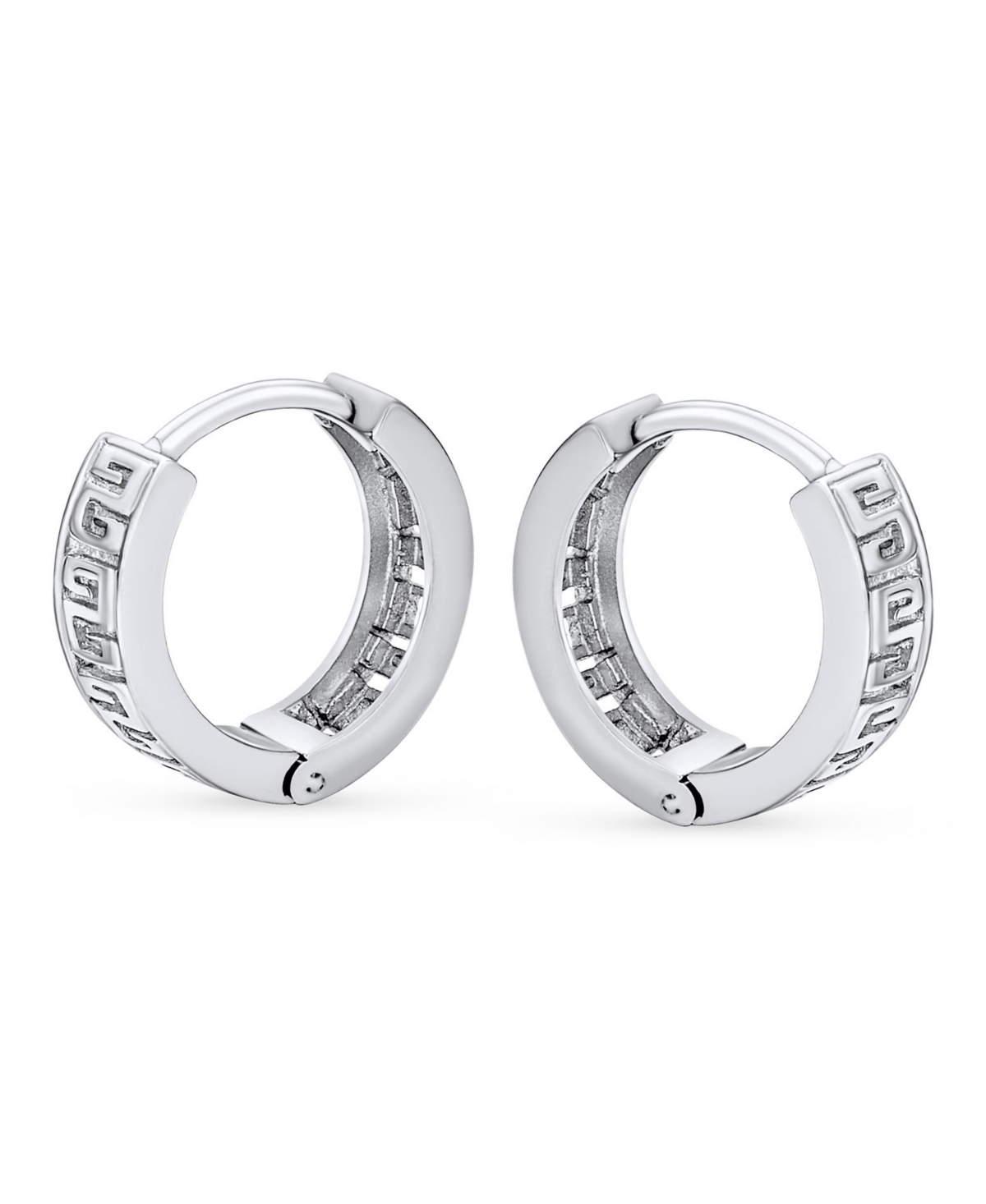 Bling Jewelry Cutout European Greek Key Design Huggie Hoop Earrings For Women Men .925 Sterling Silver Polished Hinged Diameter 0.65 Inch