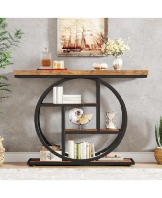 Industrial 4-Tier Console Table with Circle Base and Storage Shelves, 41.3-Inch Narrow Accent Sofa Table for Entryway or Living Room