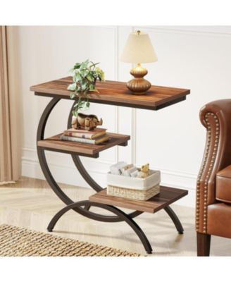 C-shaped End Table, Industrial 3-tier Small Side Table for Couch, Wood Bedside Table Snack Side Table Small Space, Rustic Brown