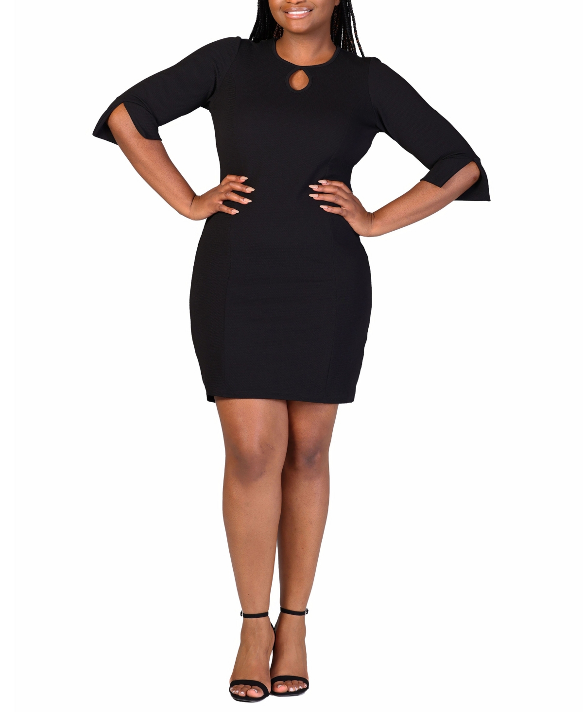 24seven Comfort Apparel Plus Size Three Quarter Sleeve Ruched Tulip Hem Mini Dress In Black