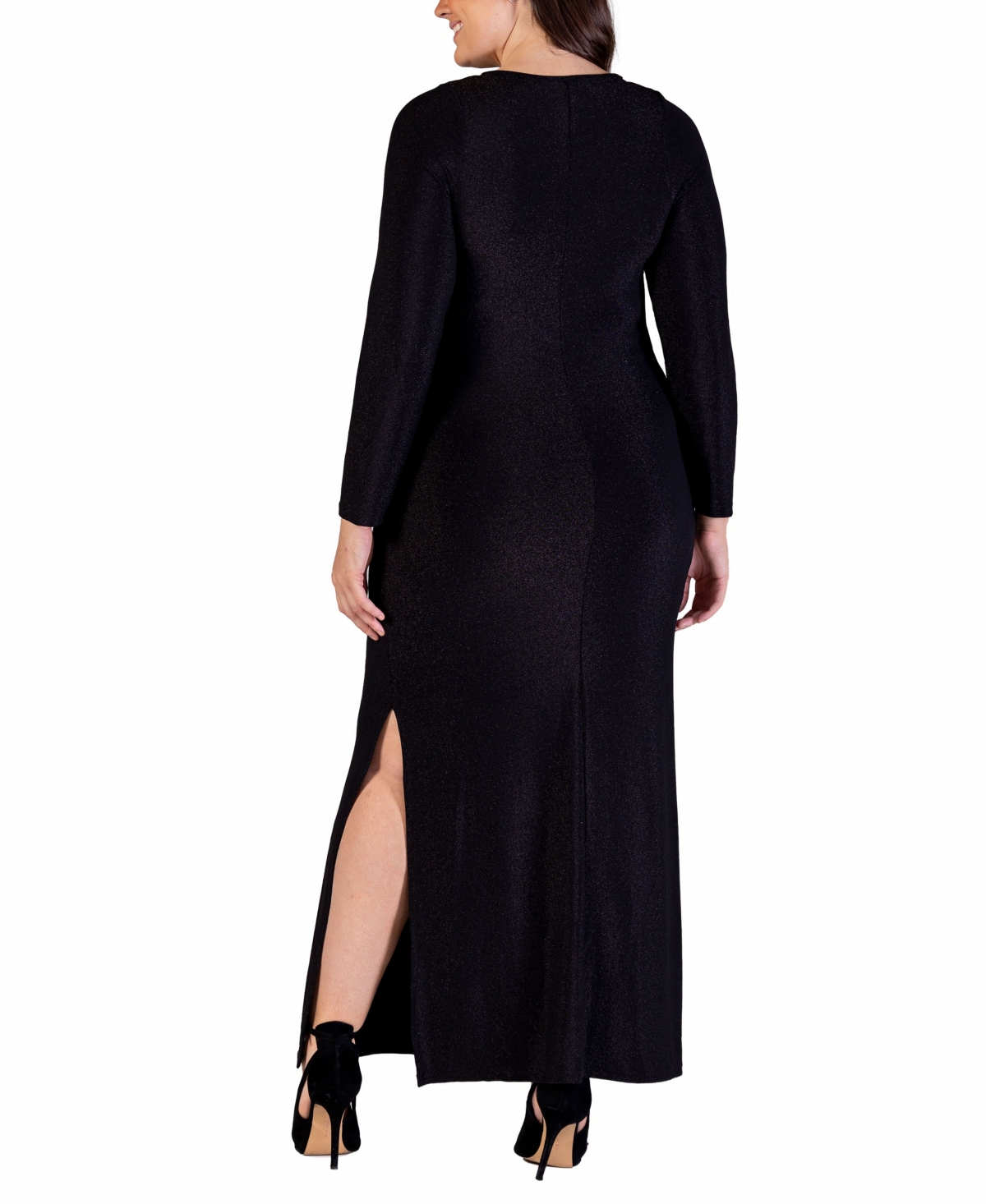 24seven Comfort Apparel Plus Size Long Sleeve Shimmery Maxi Dress In Black