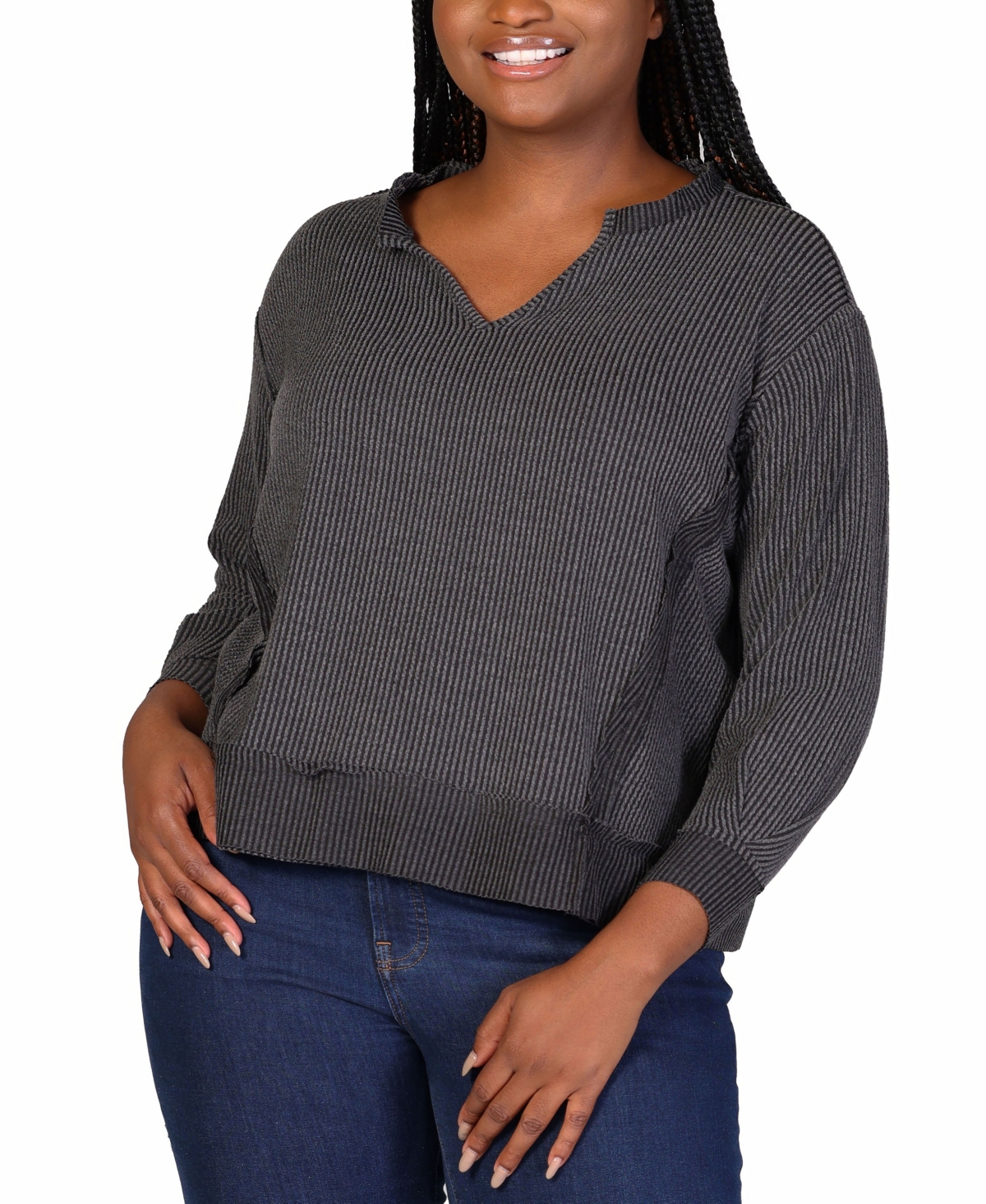 Shop 24seven Comfort Apparel Plus Size Relaxed Fit Rib Knit V-neck Top In Black