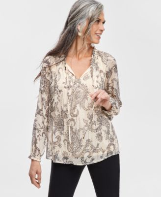 JM Collection - Women's Linework Metallic Chiffon Blouse