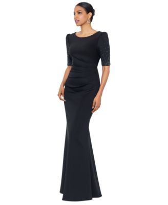 Petite Pleated-Waist Puffed-Shoulder Gown