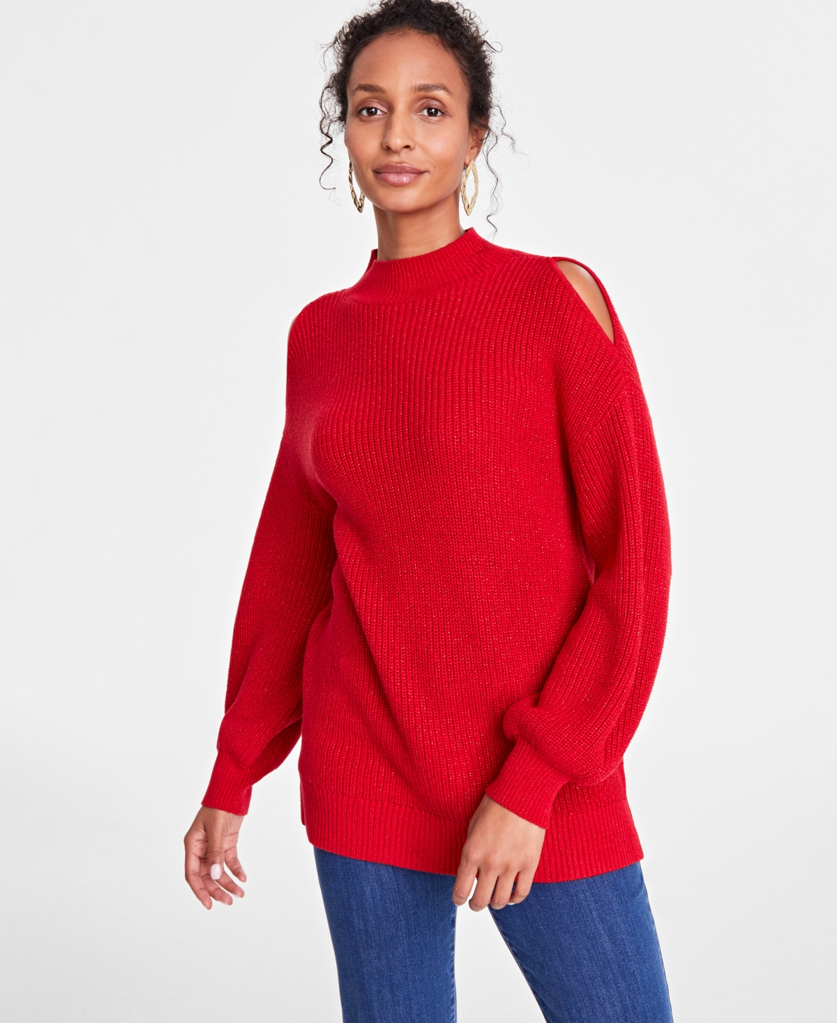 Inc International Concepts Women's Cold-shoulder Sweater, Created For Macy's In Red W Dtm Lurex