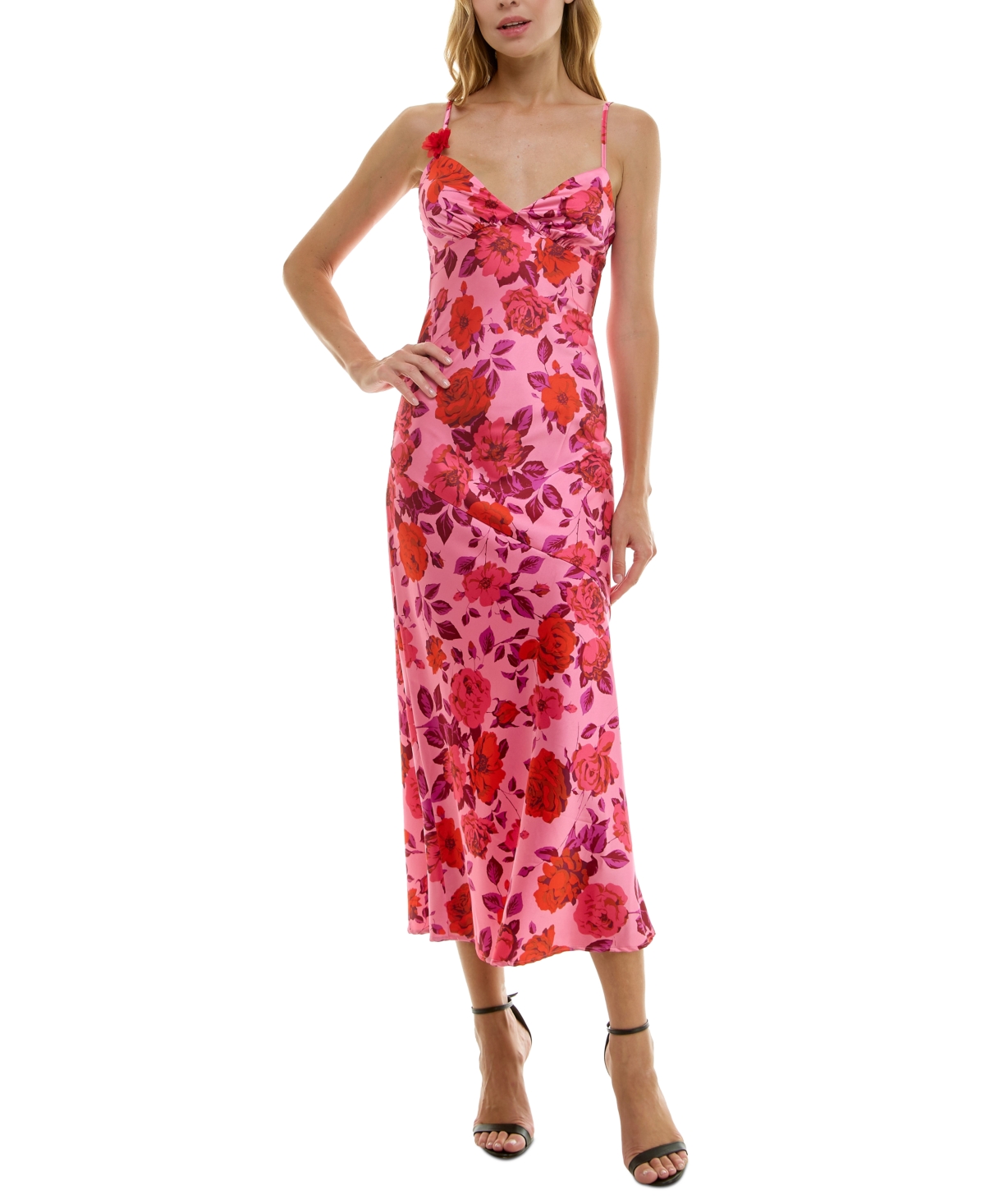 Juniors' Strappy Floral Satin Maxi Dress - Pink Multi