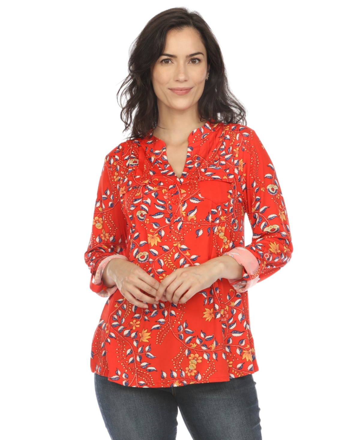 White Mark Women's Paisley Button Front Tunic Top In Red