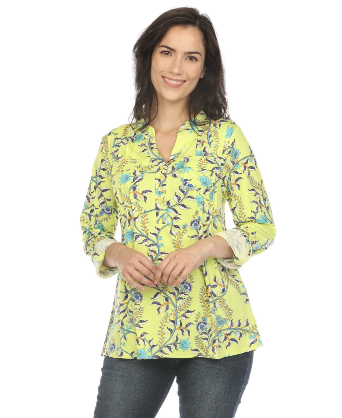 White Mark Women's Paisley Button Front Tunic Top In Lime