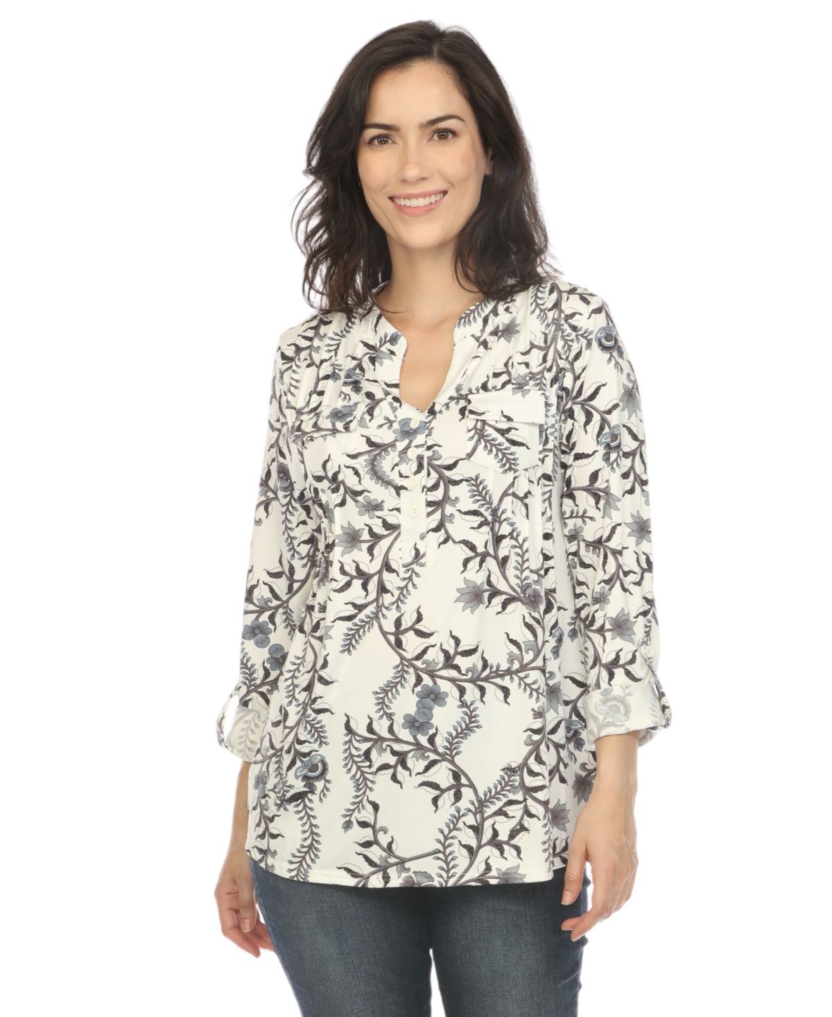 White Mark Women's Paisley Button Front Tunic Top In White Black