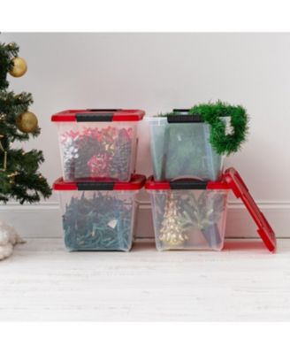 USA 4Pack 19qt Christmas Plastic Storage Bin with Lid and Secure Latching Buckles, Clear/Red