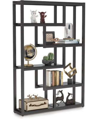 6-Shelf Industrial 69-Inch Tall Bookshelf with Staggered Display Shelves and Metal Frame Etagere Bookcase for Home Office
