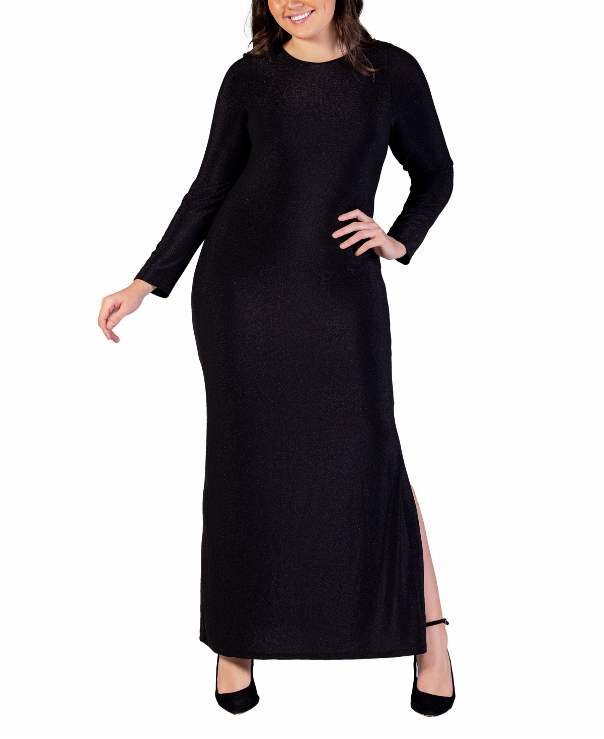 24seven Comfort Apparel Plus Size Long Sleeve Shimmery Maxi Dress In Black