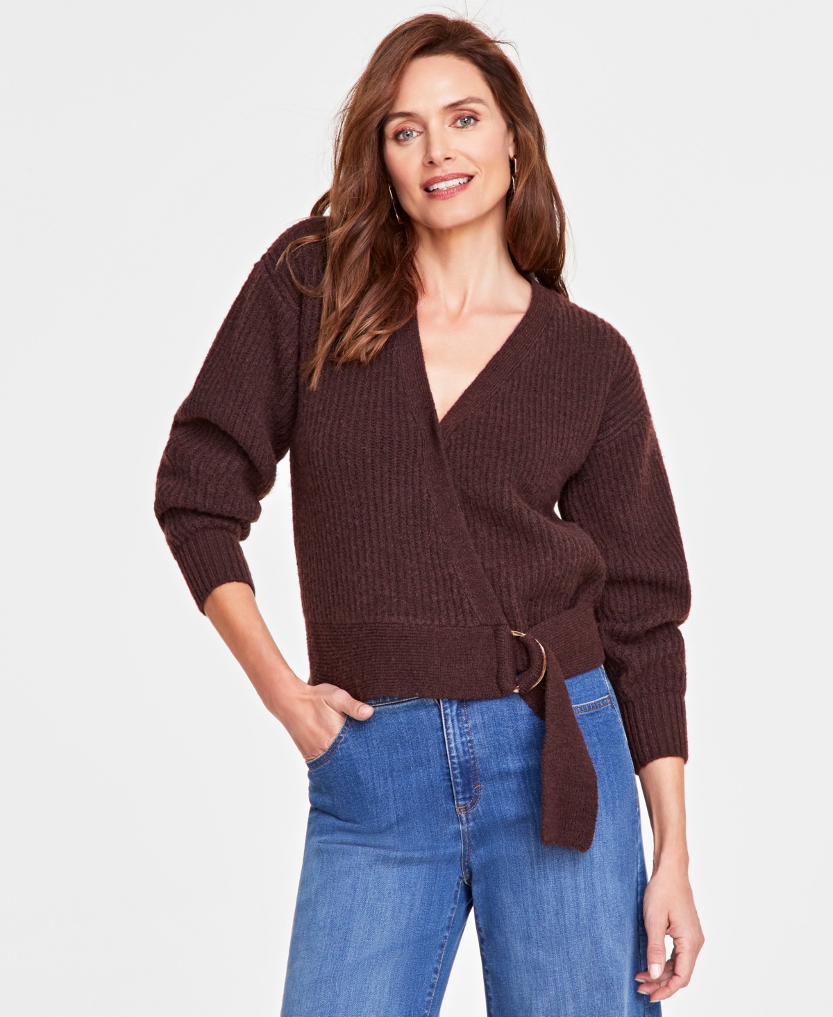 INC INTERNATIONAL CONCEPTS WOMEN'S BUCKLE-FRONT SWEATER, CREATED FOR MACY'S 