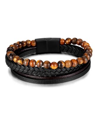 Black Tigers Eye Weaved Leather Stainless Steel Bracelet