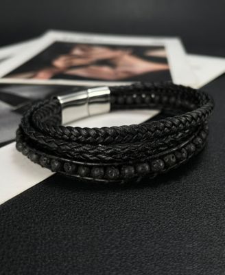 Black Multi Leather Beaded Stainless Steel Bracelet