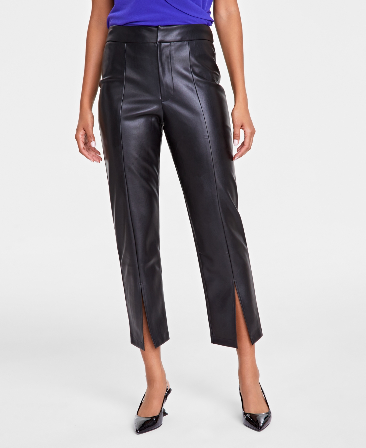 Inc International Concepts Women's Faux-leather Front-slit Straight Pants, Created For Macy's In Deep Black