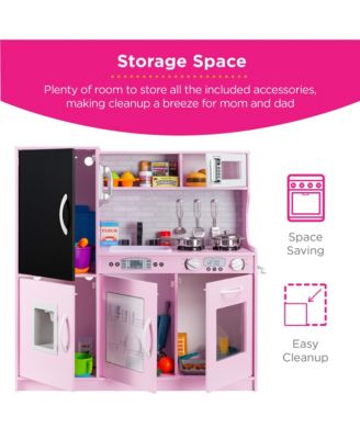 Pretend Play Kitchen Wooden Toy Set for Kids w/ Telephone, Utensils, Oven, Microwave