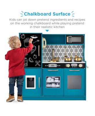 Pretend Play Kitchen Wooden Toy Set for Kids w/ Telephone, Utensils, Oven, Microwave