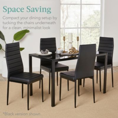 5-Piece Kitchen Dining Table Set w/ Glass Tabletop, 4 Faux Leather Chairs