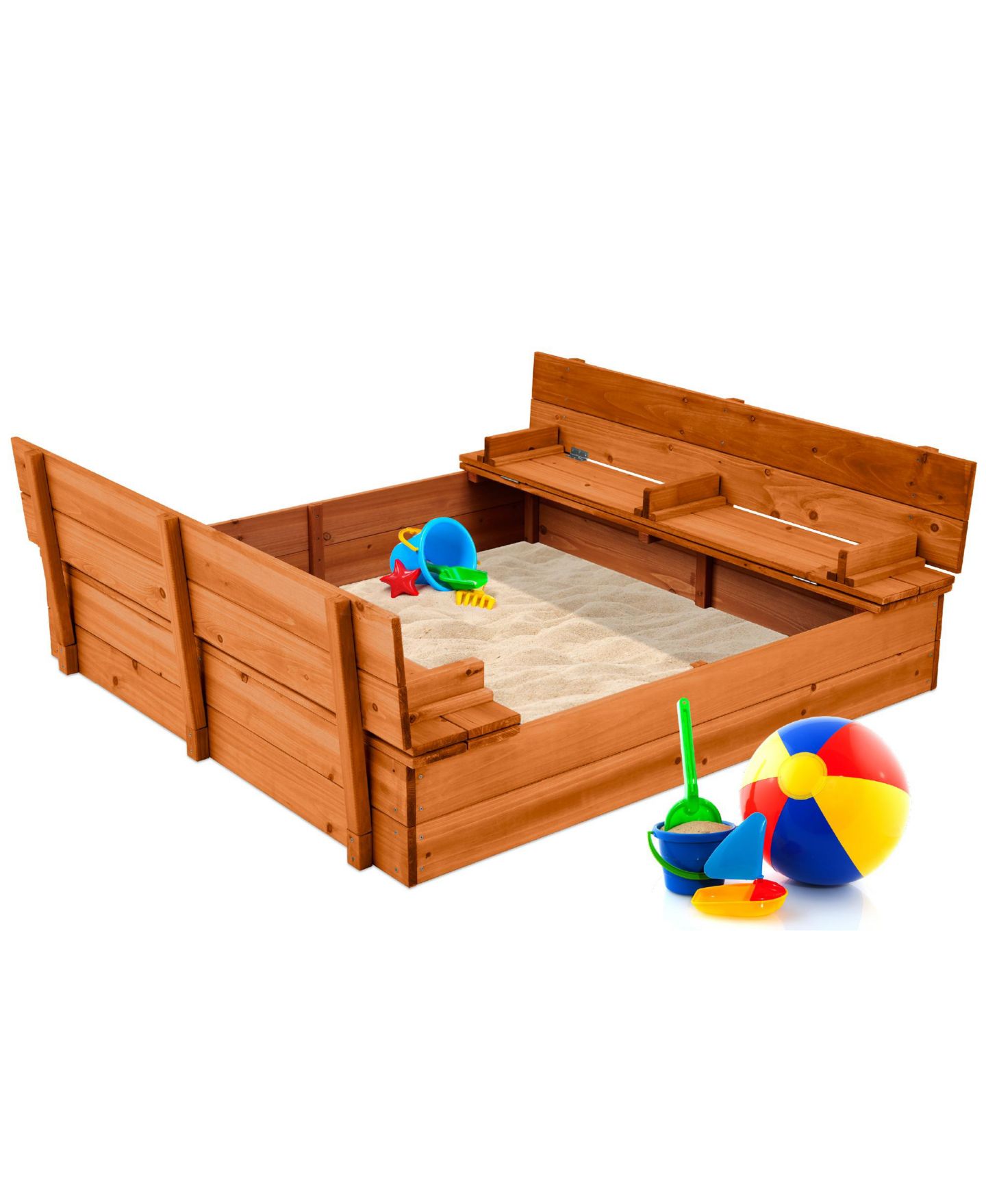 Детская игрушка Best Choice Products 47" x 47" Cedar Sandbox with 2 Foldable Bench Seats, Seats Up to 4, Ages 3-10, цвет: Коричневый — фото 1