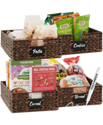 Set of 4 16x12in Woven Water Hyacinth Pantry Baskets w/ Chalkboard Label, Chalk Marker