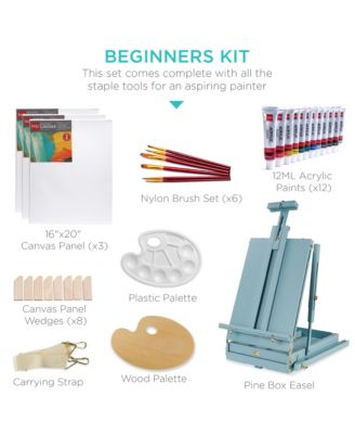 French Easel, 32pc Beginners Kit Portable Wooden Adjustable Tripod  w/ Paint Supplies