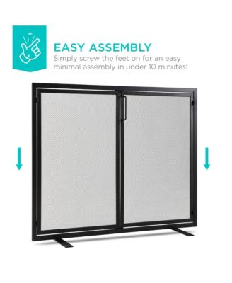 38.5x31in 2-Door Fireplace Screen, Handcrafted Wrought Iron Spark Guard w/ Magnetic Doors