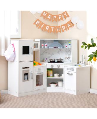 Kids Corner Kitchen Playset Wooden Pretend Play Toy with Microwave White