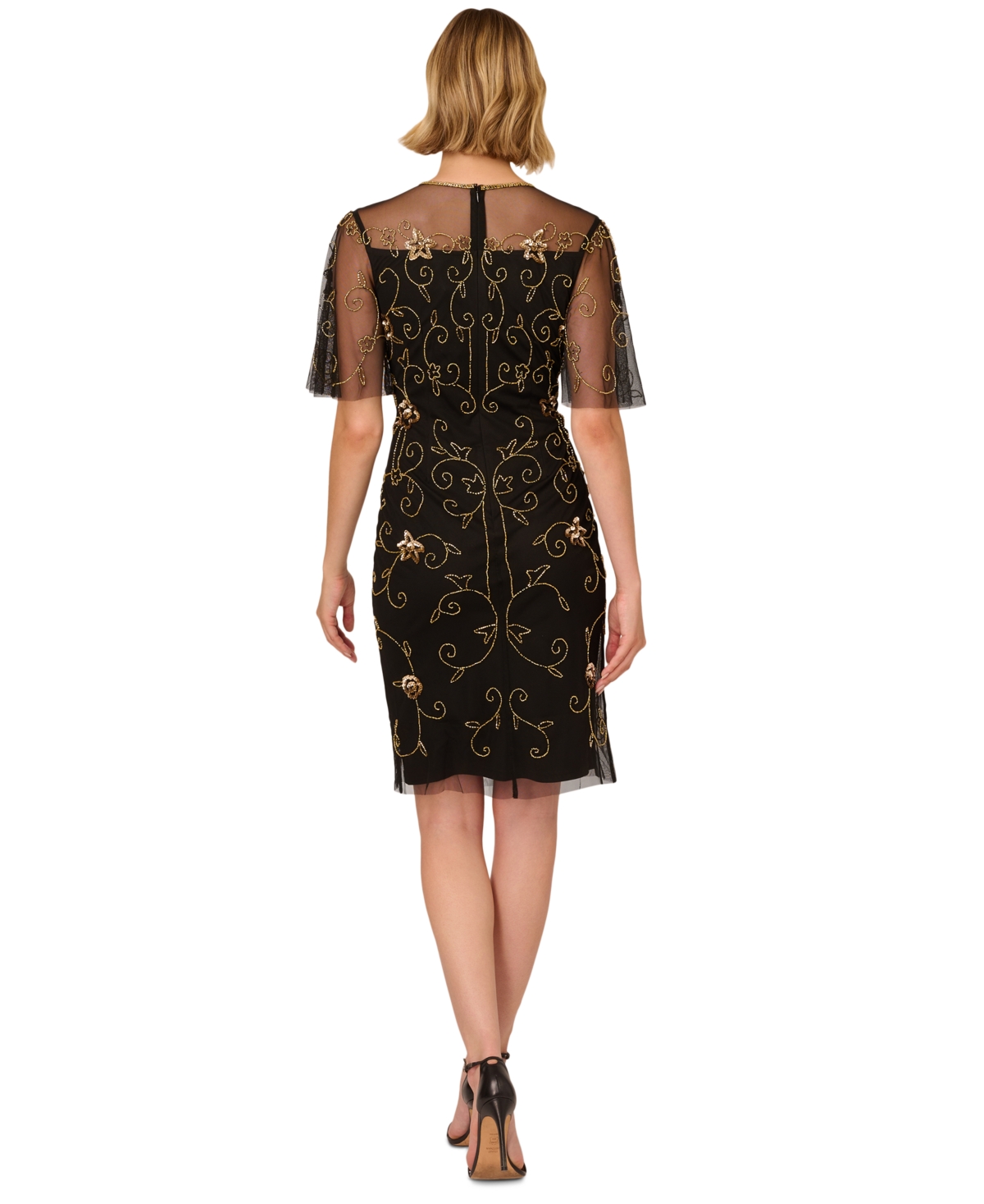 Adrianna Papell Women's Beaded Illusion-Neck Dress -Gold