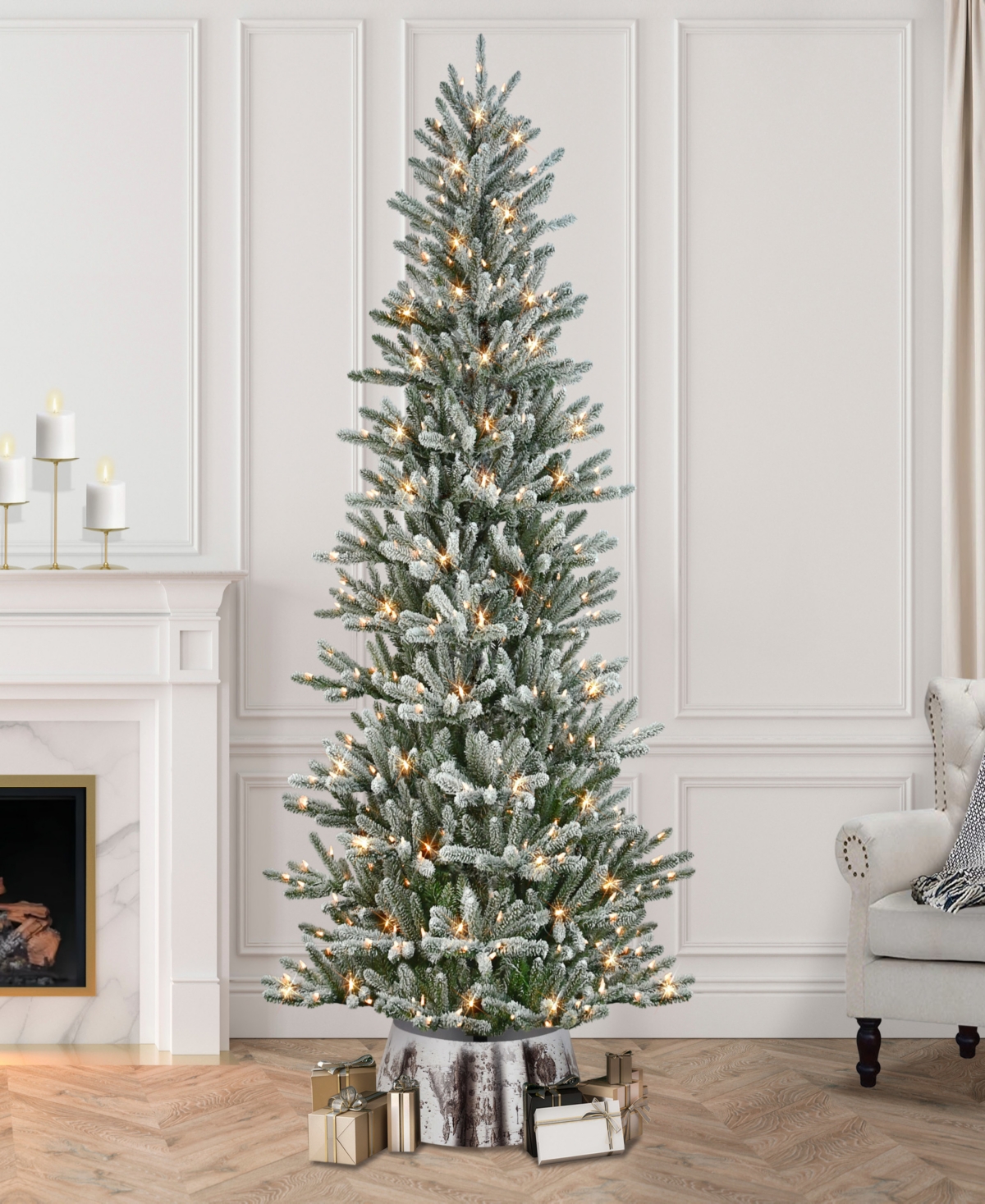 Puleo 7.5" Pre-lit Flocked Franklin Fir Artificial Christmas Tree With Matching Skirt In Green