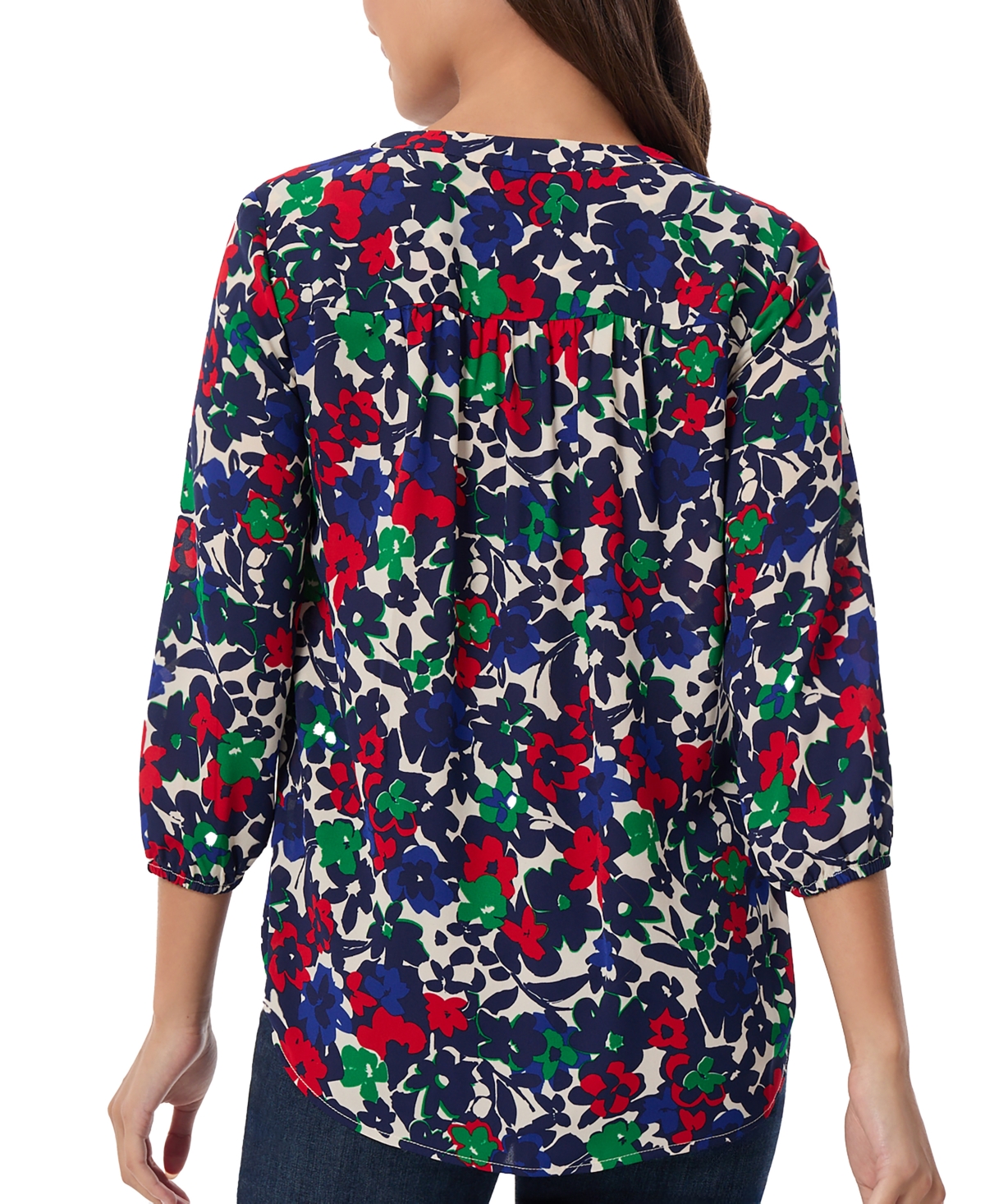 Jones New York Petite Floral Print Blouson-Sleeve V-Neck Blouse