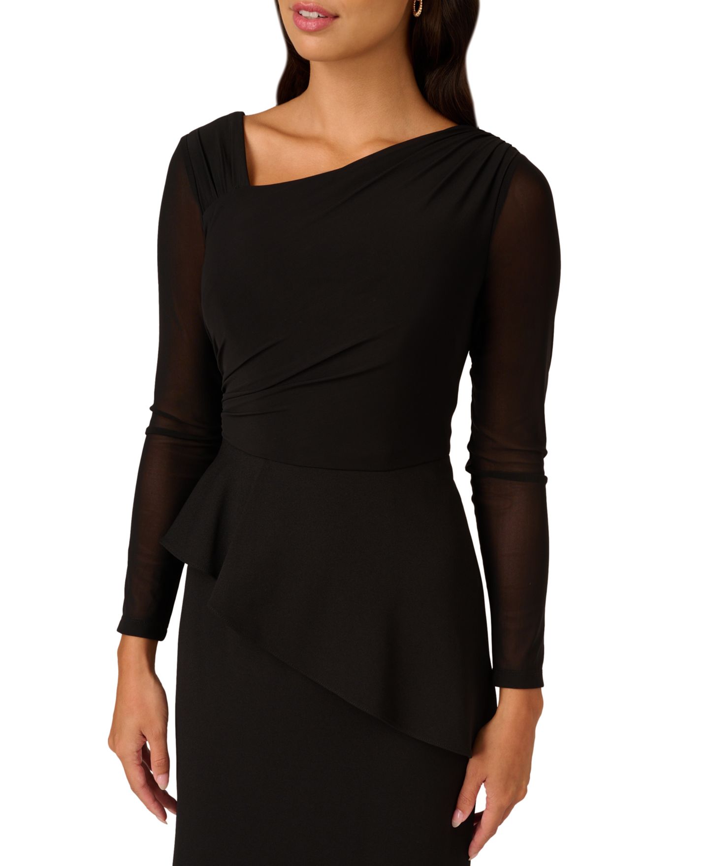 Женские платья Adrianna Papell Mesh Long-Sleeve Crepe Gown, цвет: Чёрный — фото 3