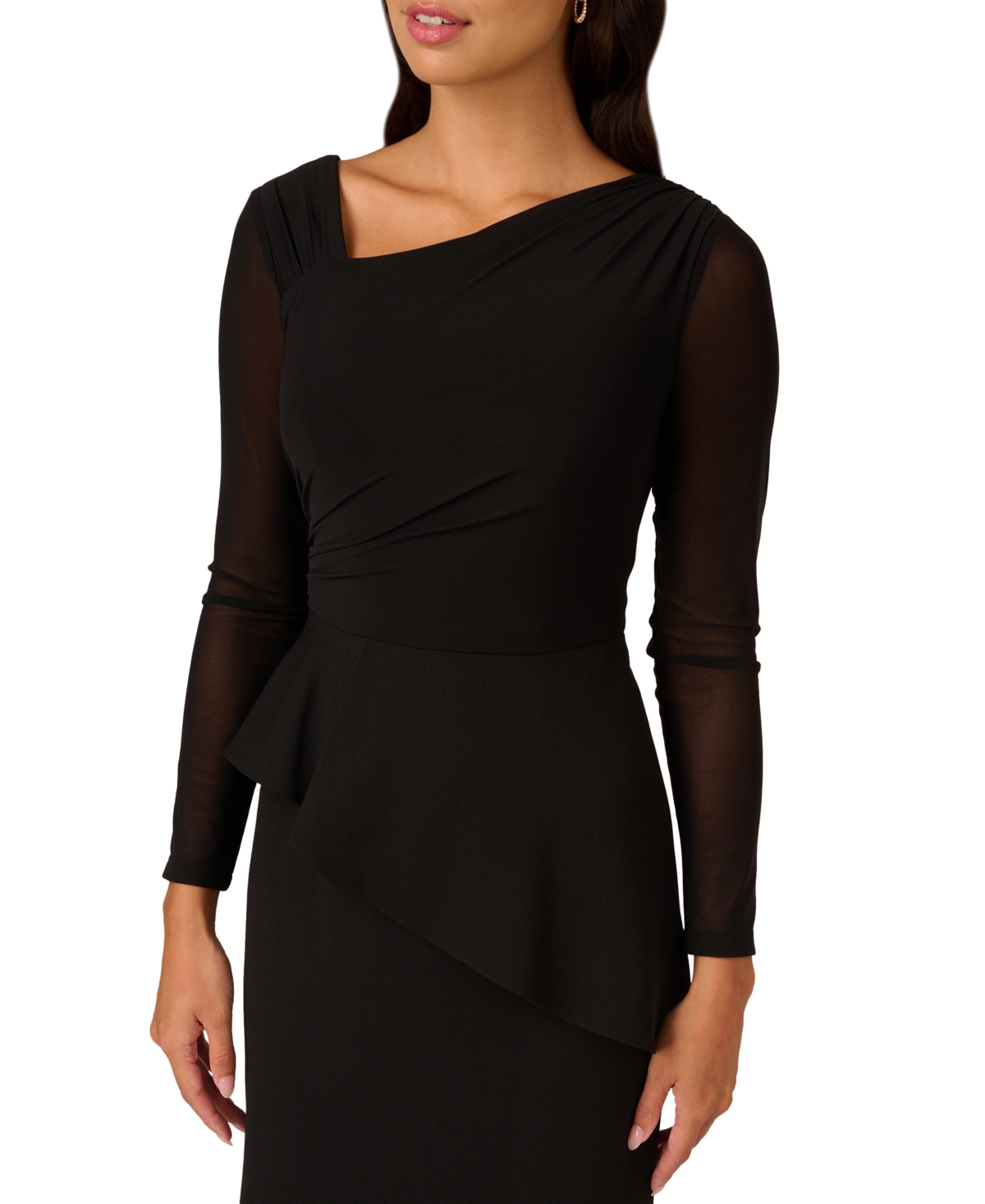 ADRIANNA PAPELL WOMEN'S MESH-LONG-SLEEVE CREPE GOWN 
