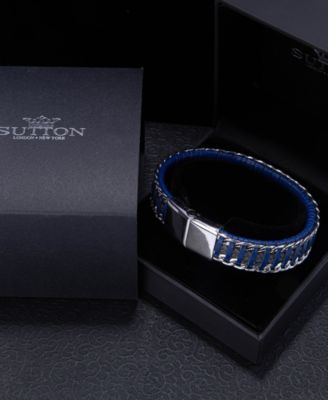 Blue Grey Leather with Chain Stainless Steel Bracelet