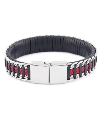 Black Red Leather with Chain Stainless Steel Bracelet
