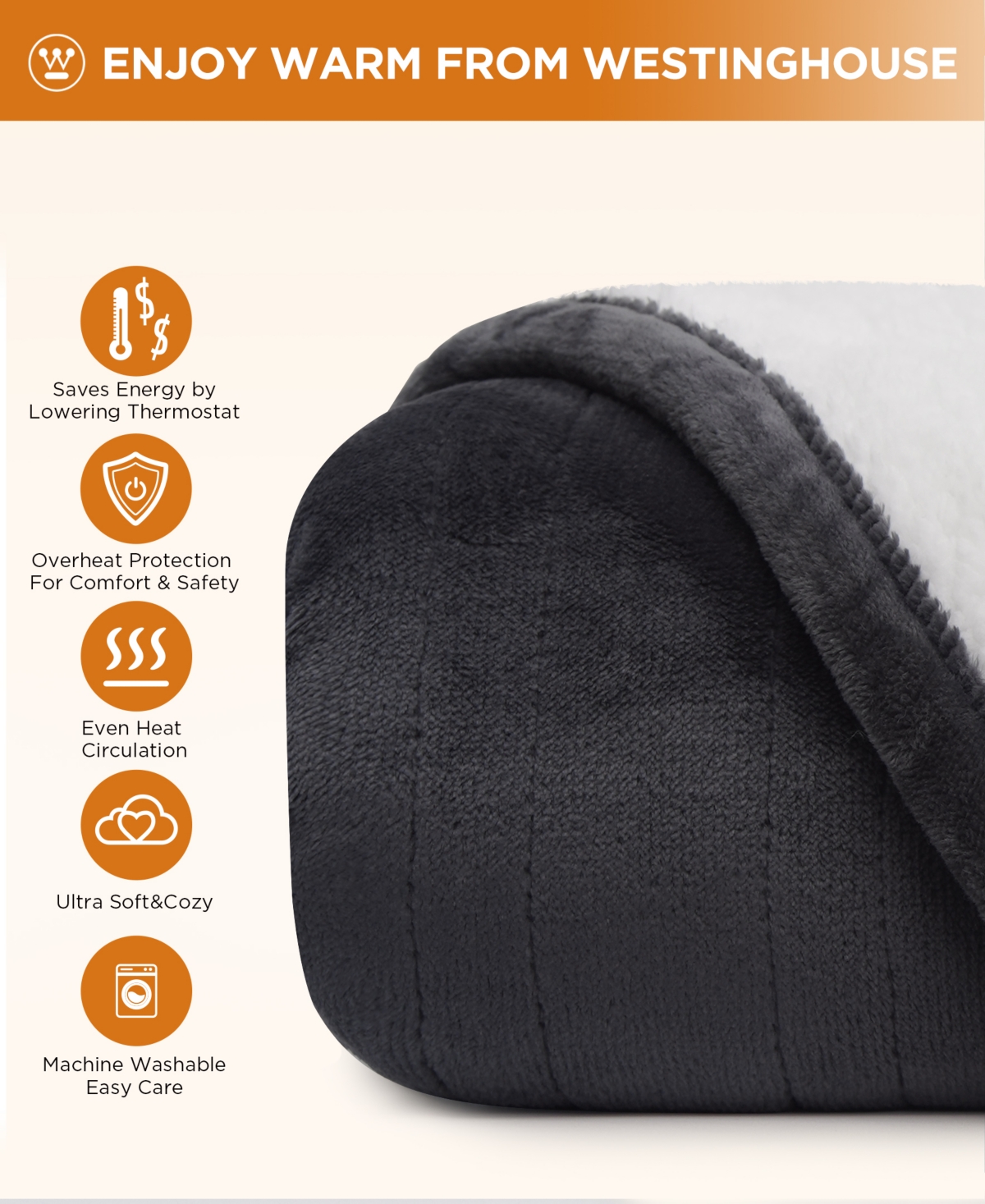 Westinghouse Heated Flannel And Sherpa Blanket, Twin In Charcoal