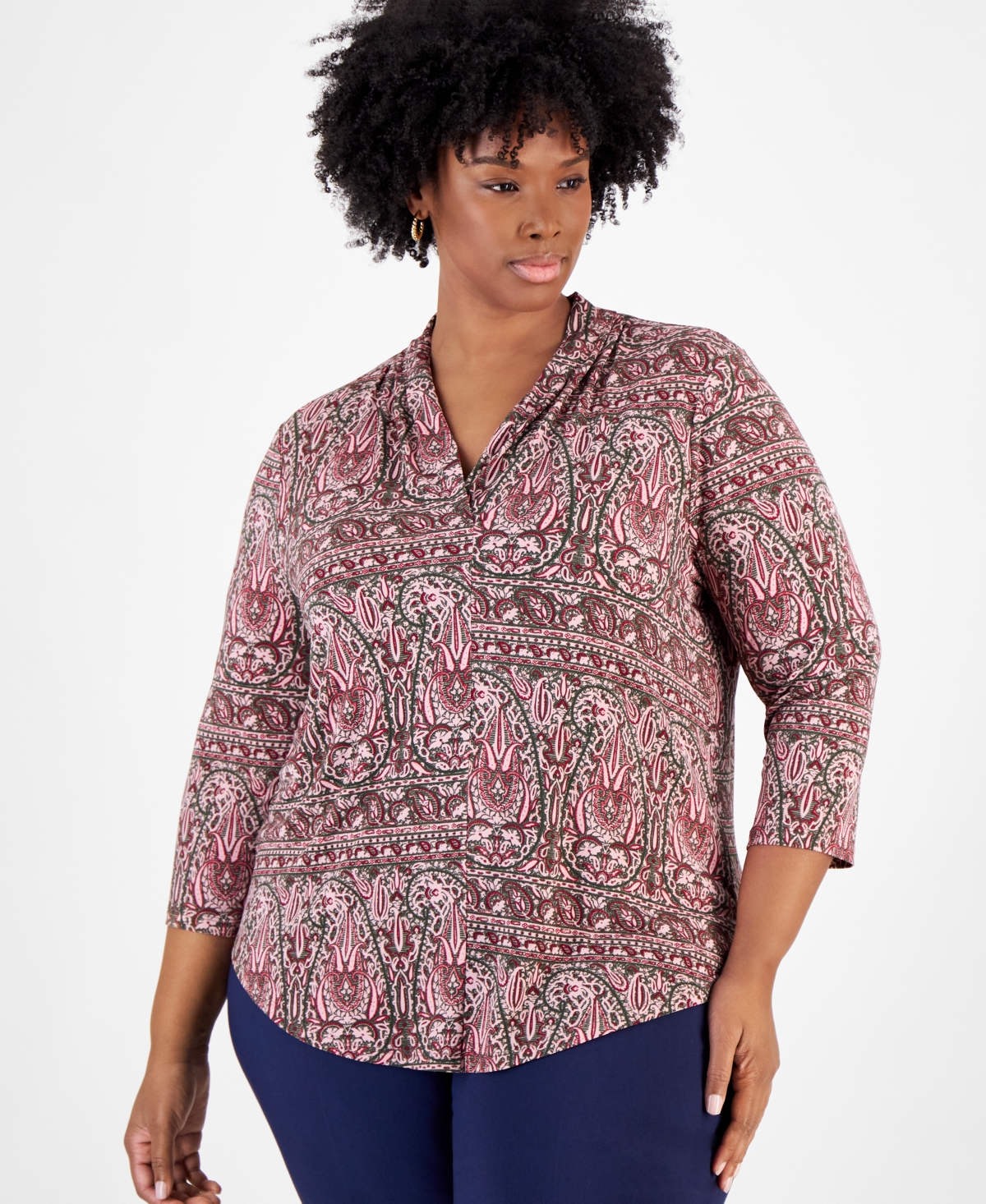 JM COLLECTION PLUS SIZE PAISLEY-PRINT 3/4-SLEEVE V-NECK TOP, EXCLUSIVELY AT MACY'S 