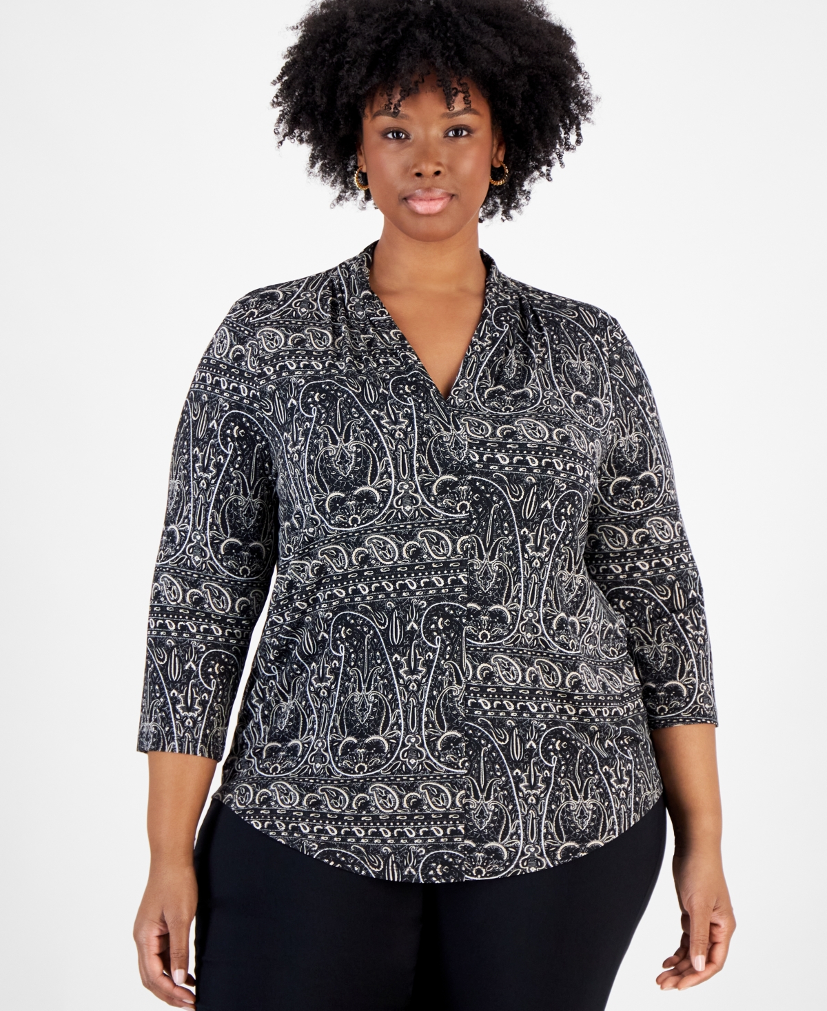 JM COLLECTION PLUS SIZE PAISLEY-PRINT 3/4-SLEEVE V-NECK TOP, EXCLUSIVELY AT MACY'S 