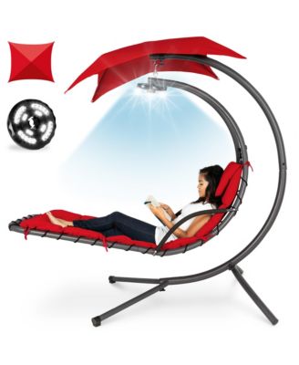 Hanging LED-Lit Curved Chaise Lounge Chair for Backyard, Patio w/ Pillow, Canopy, Stand